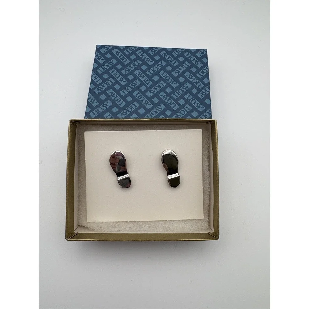 Vintage Avon Men's Cufflinks Silver Tone Shoe Footprint Design w/ Original Box